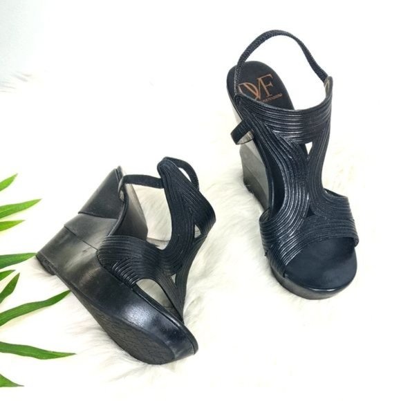 Diane Von Furstenberg DVF Wooden Platform Wedge Sandals 6.5 Black Sculpted - Picture 2 of 8